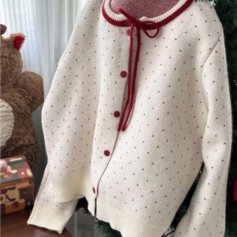 Cream and Red Polka Dot Knit Cardigan Sweater